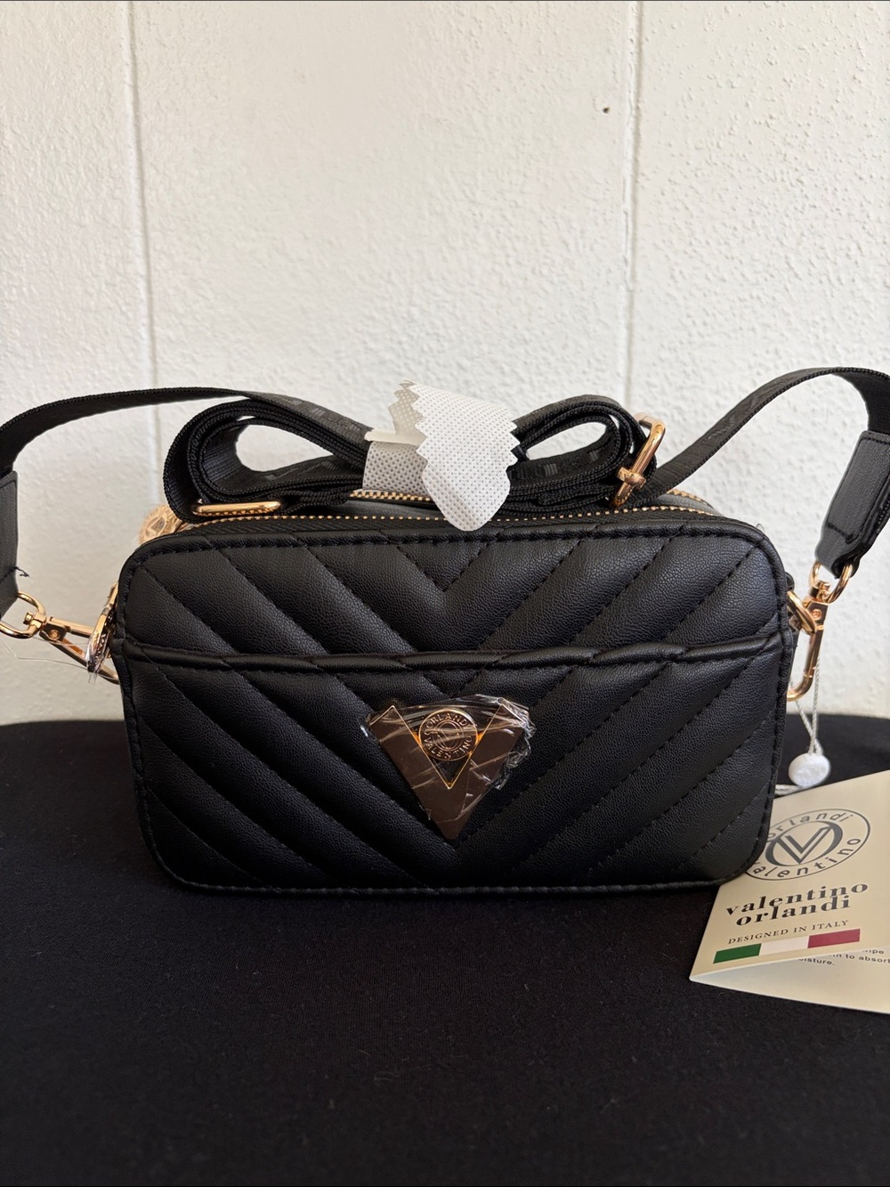 Fashion Valentino Orlandi Black Quilted Crossbody with Gold Accent
